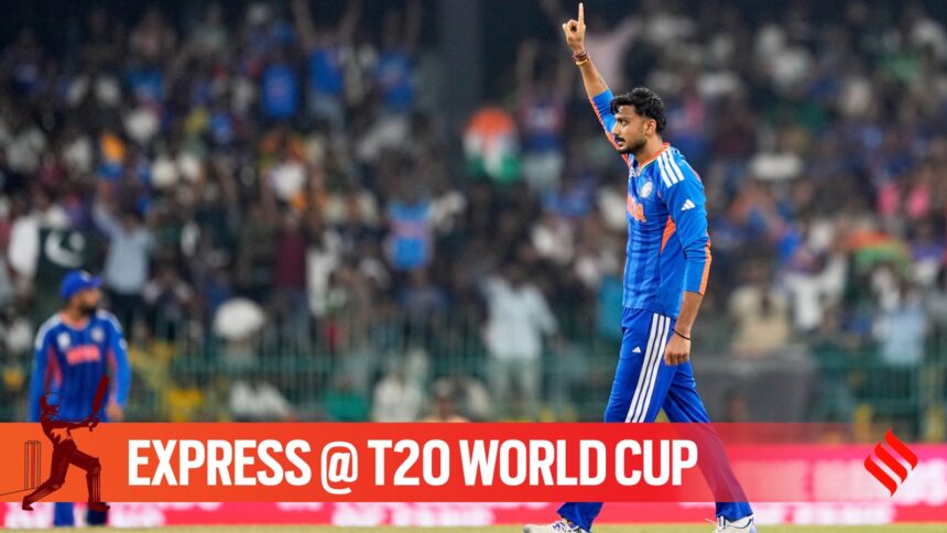 India's Axar Patel celebrates the wicket of Pakistan's Usman Khan during the T20 World Cup cricket match between India and Pakistan in Colombo, Sri Lanka, Sunday, Feb. 15, 2026. (AP Photo)