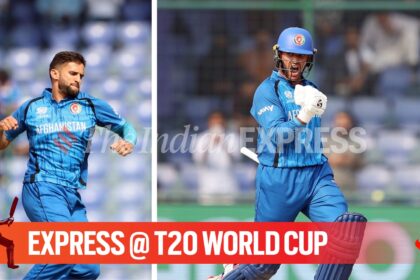 Afghanistan all-rounder Azmatullah Omarzai in action against UAE during T20 World Cup 2026 match in at Arun Jaitley Stadium in New Delhi. (Express Photo by Praveen Khanna)