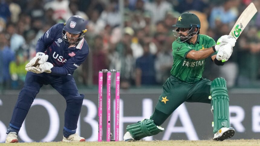 Pakistan's Babar Azam hits a boundary during the T20 World Cup cricket match between Pakistan and the United States in Colombo, Sri Lanka, Tuesday, Feb. 10, 2026. (AP Photo)