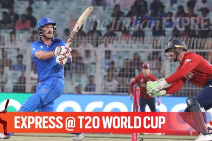 Ben Manenti smashed Will Jacks for 13 runs with Italy posting 47/3 at the end of the powerplay. (Express Photo by Partha Paul)