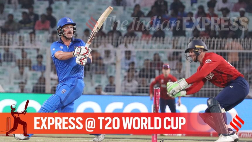 Ben Manenti smashed Will Jacks for 13 runs with Italy posting 47/3 at the end of the powerplay. (Express Photo by Partha Paul)