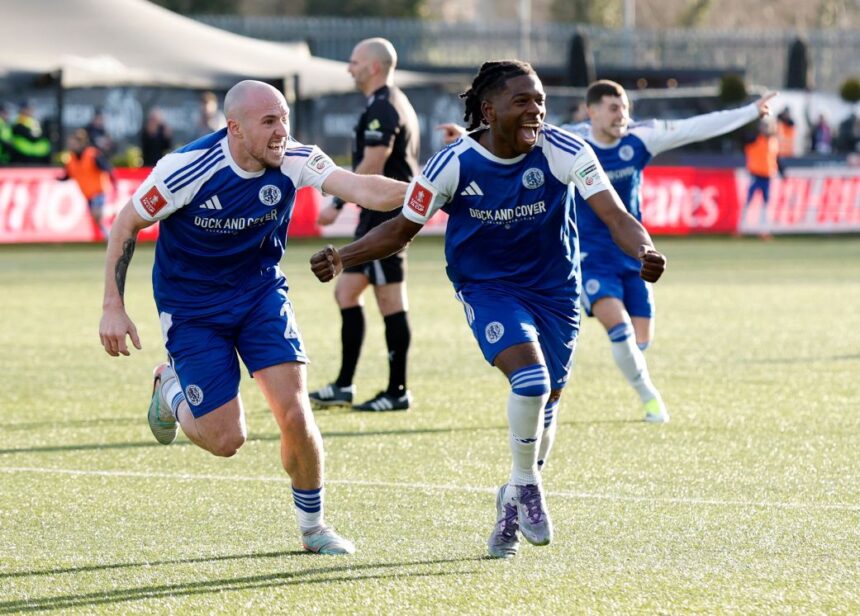 Macclesfield FC's Isaac Buckley-Ricketts celebrates scoring their second goal with Josh Kay.