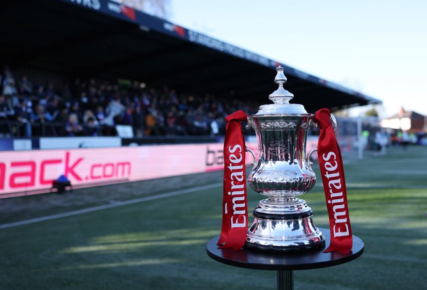 The FA Cup trophy is pictured prior to the third round match between Macclesfield and Crystal Palace at Moss Rose Ground on January 10, in Macclesfield, England.