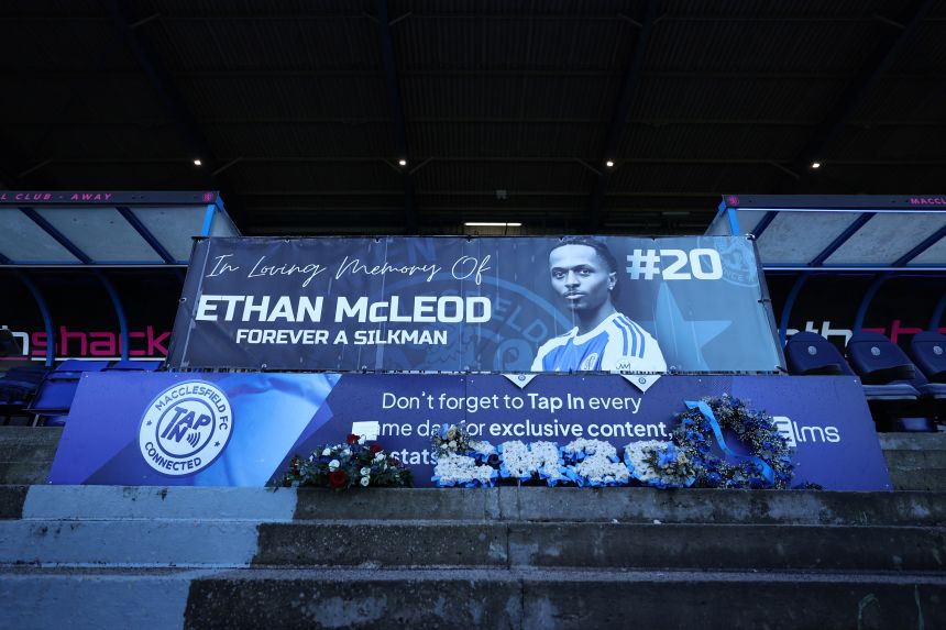 A tribute in the memory of Ethan McLeod of Macclesfield is seen in between the dugouts prior to the Emirates FA Cup third round match between Macclesfield and Crystal Palace on January 10.