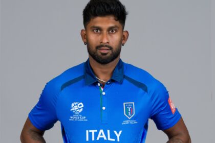 Crishan Kalugamage works at a pizzeria in Tuscany and is a leg-spinner for the Italian cricket team. Against Nepal on Thursday, Kalugamage claimed three wickets for 18 runs. (Photo ICC via X)