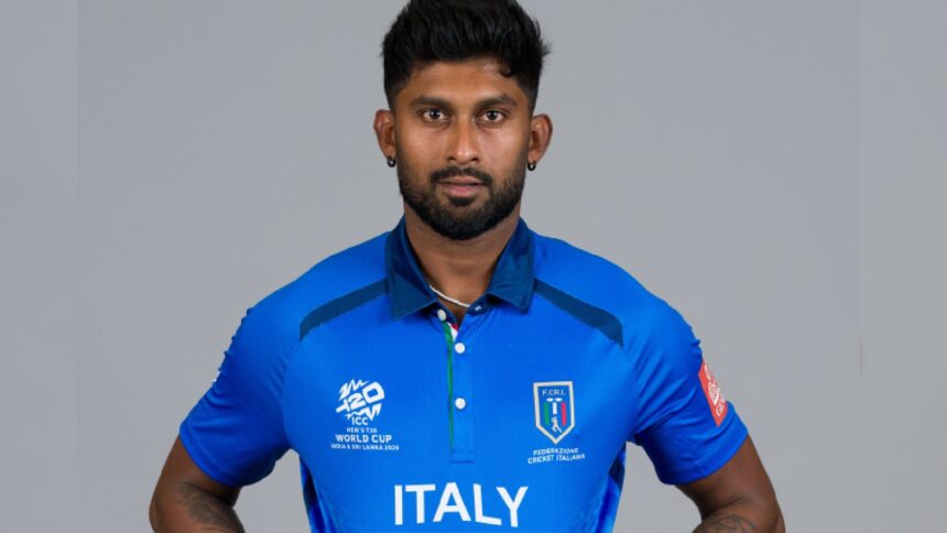 Crishan Kalugamage works at a pizzeria in Tuscany and is a leg-spinner for the Italian cricket team. Against Nepal on Thursday, Kalugamage claimed three wickets for 18 runs. (Photo ICC via X)