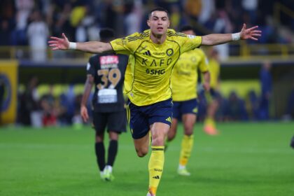 Cristiano Ronaldo celebrates his goal for Al Nassr against Al Khaleej in Saudi Pro League game. (X/Al Nassr)