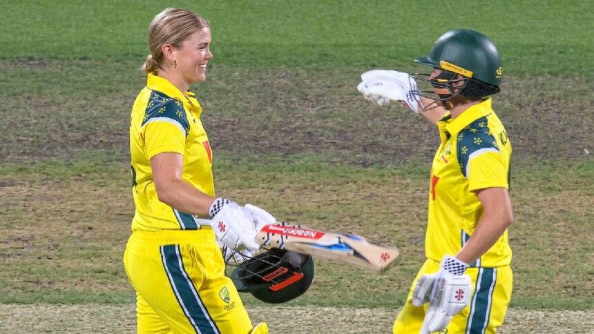 Two generational Australian talents, Georgia Voll (left) and Phoebe Litchfield (not in photo) put India's bowling to the sword with a clinical ease. (Screengrab via @7Cricket on X)