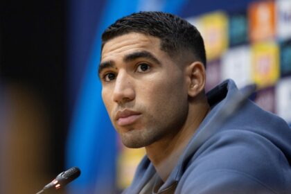 PSG defender Achraf Hakimi talks to the media before a Champions League match in September.