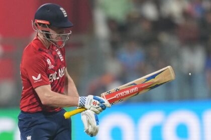 England's captain Harry Brook leaves the ground after losing his wicket during the T20 World Cup cricket match between England and West Indies in Mumbai, India, Wednesday, Feb. 11, 2026. (AP Photo)