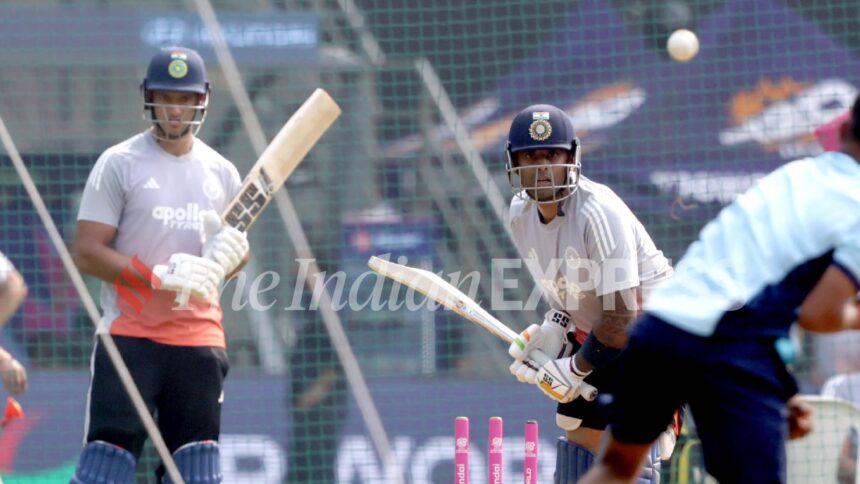 India start their T20 World Cup title defence against USA in Group A match in Mumbai on Saturday. (Express photo by Narendra Vaskar)
