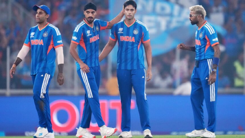 India's Shivam Dube, second right, celebrates with teammates the wicket of South Africa's Dewald Brevis during the T20 World Cup cricket match between India and South Africa in Ahmedabad, India, Sunday, Feb. 22, 2026. (AP Photo)