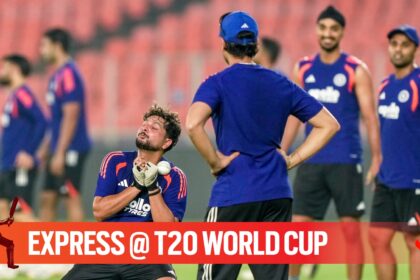 India's Kuldeep Yadav attempts a catch during a practice session before an ICC Men's T20 World Cup 2026 cricket match between India and South Africa, at the Narendra Modi Stadium, in Ahmedabad. (PTI Photo)