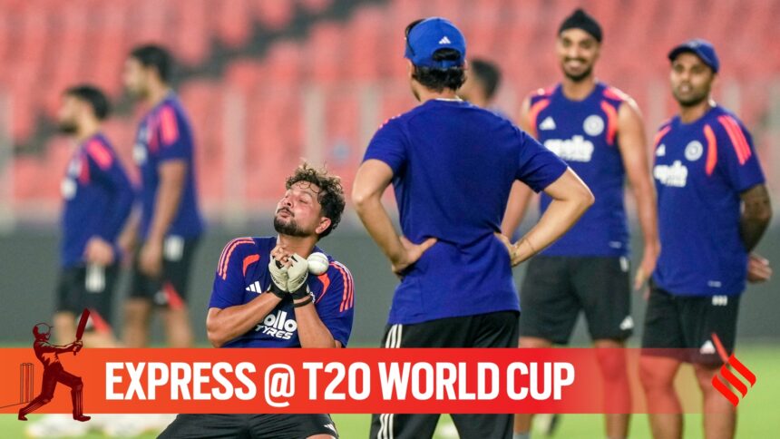 India's Kuldeep Yadav attempts a catch during a practice session before an ICC Men's T20 World Cup 2026 cricket match between India and South Africa, at the Narendra Modi Stadium, in Ahmedabad. (PTI Photo)