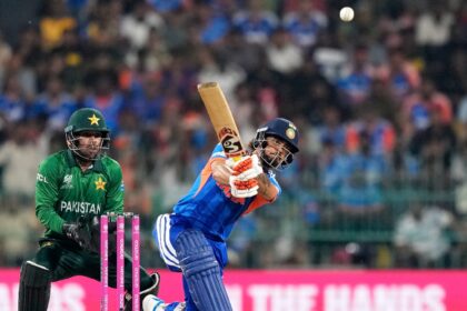 India's Ishan Kishan plays a shot during the T20 World Cup cricket match between India and Pakistan in Colombo, Sri Lanka, Sunday, Feb. 15, 2026. (AP Photo/Eranga Jayawardena)
