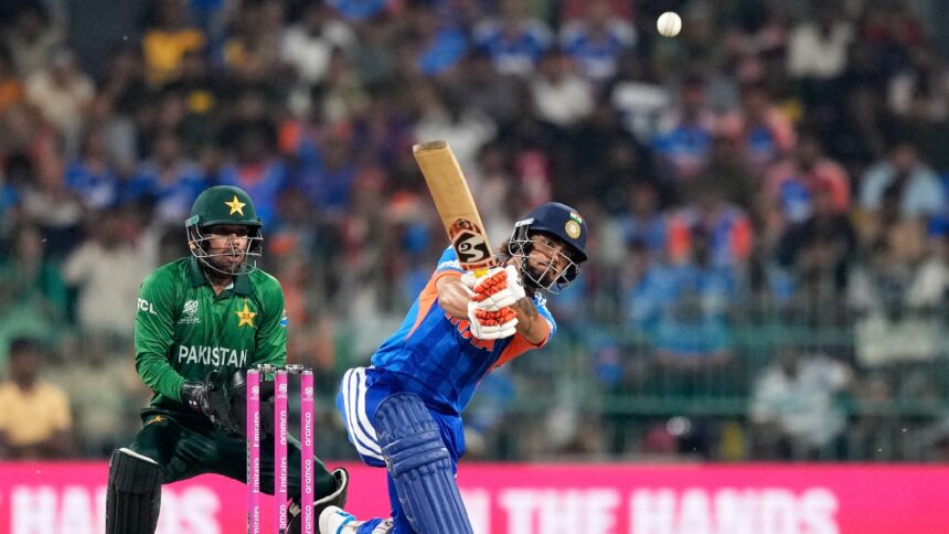 India's Ishan Kishan plays a shot during the T20 World Cup cricket match between India and Pakistan in Colombo, Sri Lanka, Sunday, Feb. 15, 2026. (AP Photo/Eranga Jayawardena)