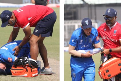 Captain of Italy, Wayne Madsen, leaves the ground after his injury during the ICC T20 World Cup 2026 against Scotland. (Express photo by Partha Paul)