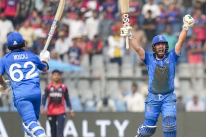 The Italian celebration involved singing off their travelling banner while stomping their feet and banging their bats into the Wankhede dressing room floor with a piercing warcry. (PTI Photo)