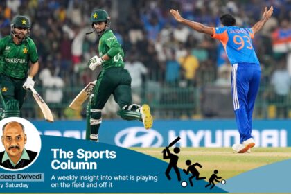 India's Jasprit Bumrah, right, appeals successfully for the wicket of Pakistan's Saim Ayub, center, during the T20 World Cup cricket match between India and Pakistan in Colombo, Sri Lanka, Sunday, Feb. 15, 2026. (AP Photo)