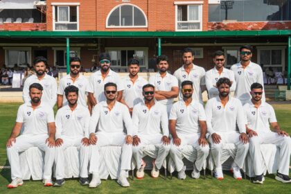 Hubballi: Jammu and Kashmir's team poses for a group photograph on day five of the Ranji Trophy 2025-26 final cricket match between Karnataka and Jammu and Kashmir, at KSCA Cricket Stadium, in Hubballi, Dharwad district, Saturday, Feb. 28, 2026. (PTI Photo/Shailendra Bhojak)(PTI02_28_2026_000127A)