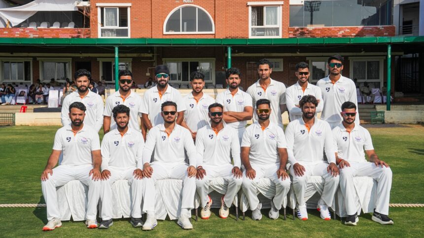Hubballi: Jammu and Kashmir's team poses for a group photograph on day five of the Ranji Trophy 2025-26 final cricket match between Karnataka and Jammu and Kashmir, at KSCA Cricket Stadium, in Hubballi, Dharwad district, Saturday, Feb. 28, 2026. (PTI Photo/Shailendra Bhojak)(PTI02_28_2026_000127A)