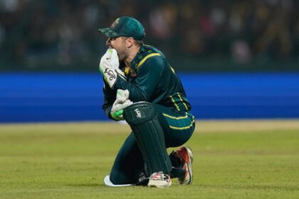 Australia's Josh Inglis reacts after missing a catch opportunity during the T20 World Cup cricket match between Sri Lanka and Australia in Pallekele, Sri Lanka, Monday, Feb. 16, 2026. (AP Photo)