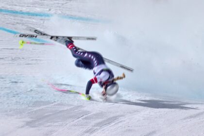 In this image taken from video provided by Olympic Broadcasting Services, OBS, Lindsey Vonn crashes during an alpine ski women's downhill race, at the 2026 Winter Olympics, in Cortina d'Ampezzo. (Olympic Broadcasting Services via AP)