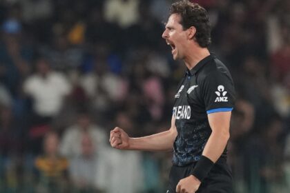 New Zealand's Matt Henry celebrates the wicket of England's Phil Salt during the T20 World Cup cricket match between England and New Zealand in Colombo, Sri Lanka, Friday, Feb. 27, 2026. (AP Photo)