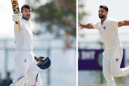 Karnataka batter Mayank Agarwal and J&K pacer Auqib Nabi in action during the Ranji Trophy final in Hubballi. (PHOTO: PTI)