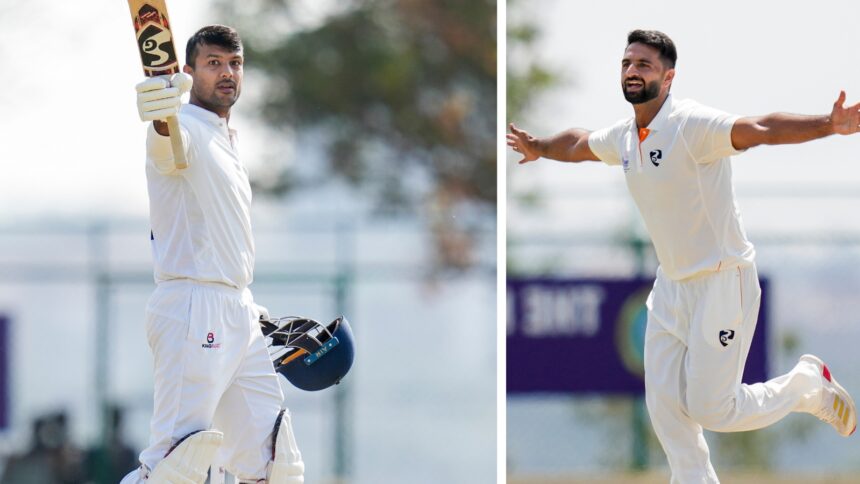 Karnataka batter Mayank Agarwal and J&K pacer Auqib Nabi in action during the Ranji Trophy final in Hubballi. (PHOTO: PTI)