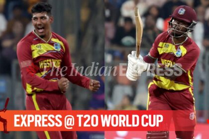 Gudakesh Motie picked three wickets and Sherfane Rutherford scored 76 to help West Indies beat England by 30 runs in T20 World Cup 2026 in Mumbai. (Express photo by Narendra Vaskar)
