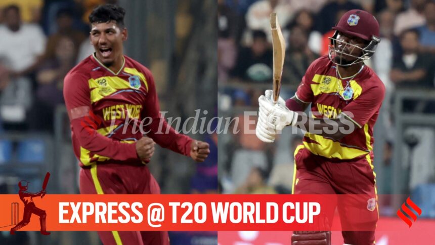 Gudakesh Motie picked three wickets and Sherfane Rutherford scored 76 to help West Indies beat England by 30 runs in T20 World Cup 2026 in Mumbai. (Express photo by Narendra Vaskar)