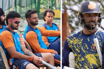 J&K players Yudhvir Singh, Auqib Nabi and Karnataka captain Devdutt Padikkal in picture. (Credit: Express photo by Lalith Kalidas & BCCI/X)