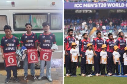(L-R) Tegendra Shahi, Jeevan Shahi and Jaka Shaha travelled for over 30 hours to reach Mumbai for Nepal's group-stage T20 World Cup games. (Express Photo by Shankar Narayan/AP)