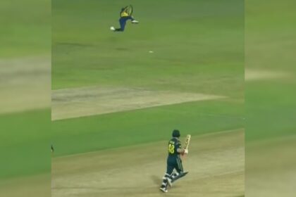 Pathum Nissanka’s air-borne catch of Glenn Maxwell’s reverse sweep. (Screengrab via ICC YouTube)