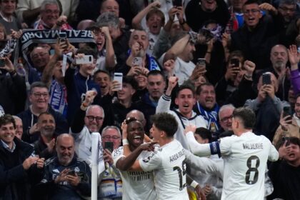 Real Madrid players celebrate in front of their fans after a goal from Vinicius Junior against Benfica. Image used for representative purpose. (Photo: AP)