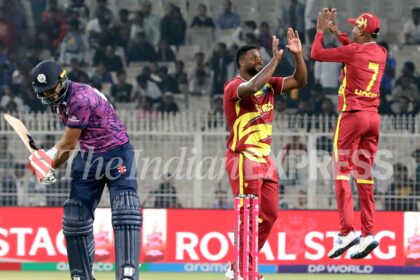West Indies' Romario Shepherd registered a hat-trick against Scotland during T20 World Cup 2026 match in Kolkata. (Express photo by Partha Paul)