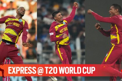 West Indies spinners Roston Chase, Gudakesh Motie and Akeal Hosein in action during T20 Wold Cup 2026. (PHOTO: AP)