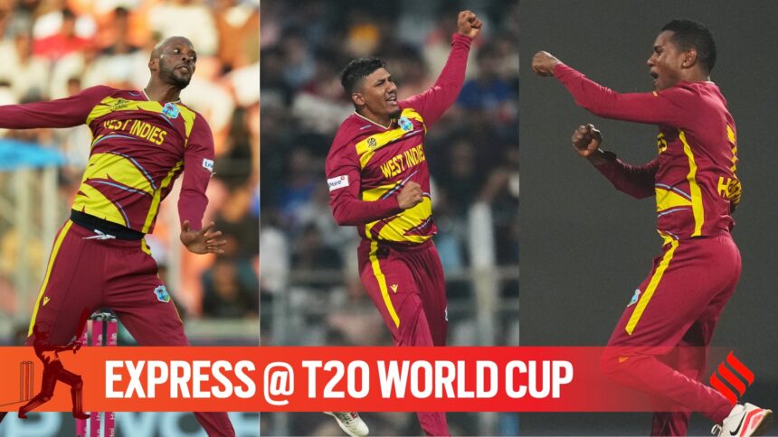 West Indies spinners Roston Chase, Gudakesh Motie and Akeal Hosein in action during T20 Wold Cup 2026. (PHOTO: AP)