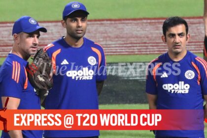 L-R: India assistant coach Ryan Ten Doeschate, captain Suryakumar Yadav and head coach Guatam Gambhir in action during practice session ahead of T20 World Cup 2026 match vs West Indies in Kolkata. (Express photo by Partha Paul)