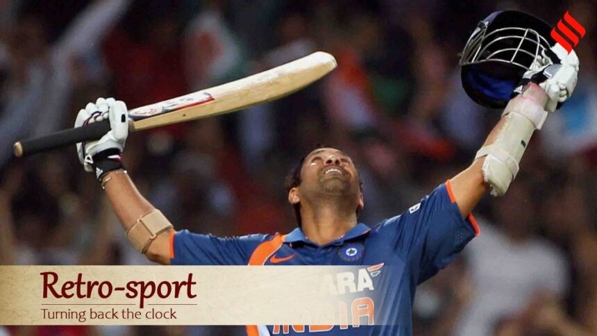 Sachin Tendulkar celebrates his double century in the second one-day international against South Africa in Gwalior on February 24, 2010. (Express file photo by Punit Paranjpe)