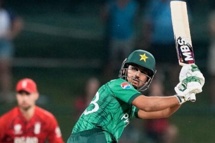 Pakistan's Saim Ayub plays a shot during the T20 World Cup cricket match between England and Pakistan in Pallekele, Sri Lanka, Tuesday, Feb. 24, 2026. (AP Photo)