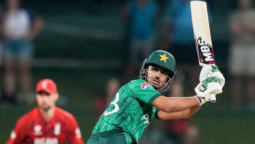 Pakistan's Saim Ayub plays a shot during the T20 World Cup cricket match between England and Pakistan in Pallekele, Sri Lanka, Tuesday, Feb. 24, 2026. (AP Photo)