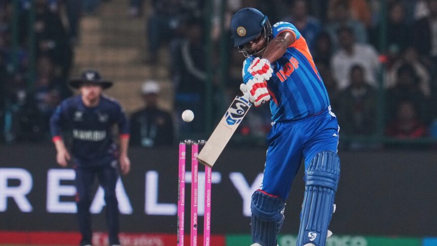 India's Sanju Samson managed 22 runs vs Namibia during T20 World Cup 2026 match in New Delhi. (PHOTO: AP)