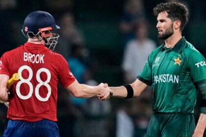 Pakistan's Shaheen Shah Afridi shakes hands with England's captain Harry Brook after he is bowled out during the T20 World Cup cricket match between England and Pakistan in Pallekele, Sri Lanka, Tuesday, Feb. 24, 2026. (AP Photo)