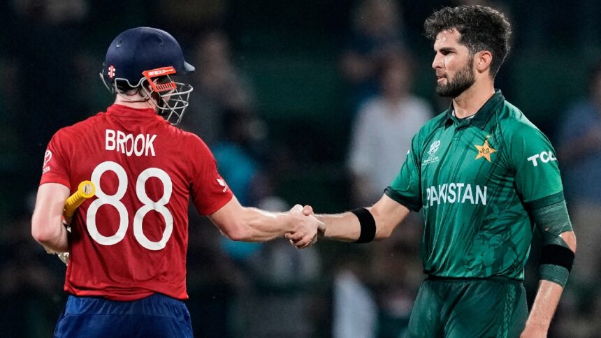 Pakistan's Shaheen Shah Afridi shakes hands with England's captain Harry Brook after he is bowled out during the T20 World Cup cricket match between England and Pakistan in Pallekele, Sri Lanka, Tuesday, Feb. 24, 2026. (AP Photo)