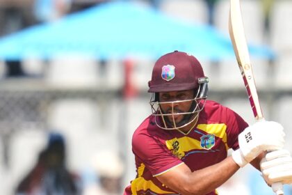 West Indies' captain Shai Hope plays a shot during the T20 World Cup cricket match between Nepal and West Indies in Mumbai, India, Sunday, Feb. 15, 2026. (AP Photo)