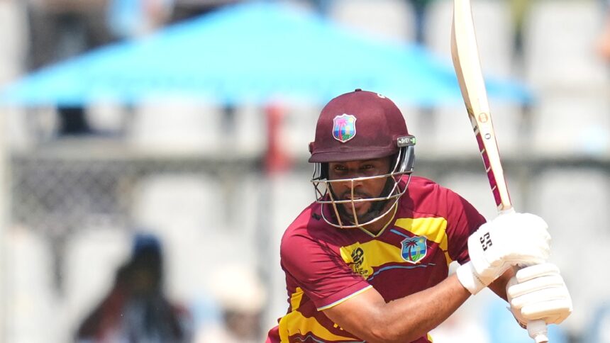 West Indies' captain Shai Hope plays a shot during the T20 World Cup cricket match between Nepal and West Indies in Mumbai, India, Sunday, Feb. 15, 2026. (AP Photo)