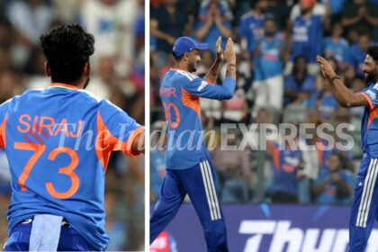 Indian pacer Mohammed Siraj in action during T20 World Cup 2026 Group A match vs USA in Mumbai. (Express photo by Narendra Vaskar)