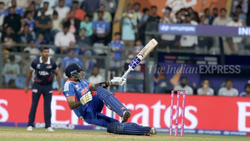 Suryakumar finished unbeaten on 84 off 49 balls - he was on 21 off 22 when Pandya had fallen in the 13th over. (Express Photo by Narendra Vaskar)